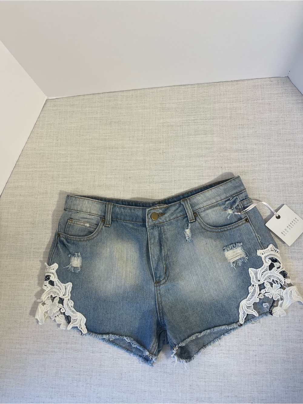 Blu Pepper Light Blue Denim Shorts with White Lace Appliqué